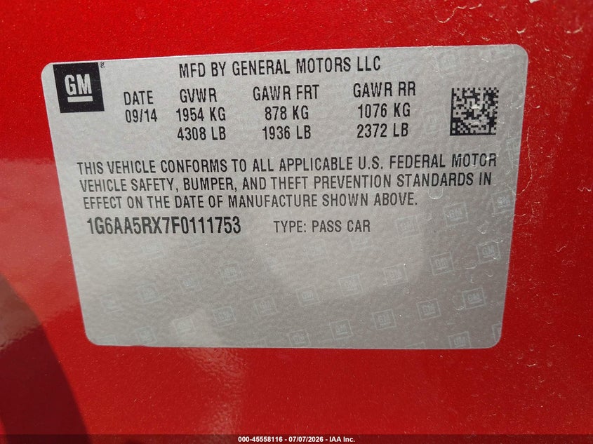 2015 Cadillac Ats Standard VIN: 1G6AA5RX7F0111753 Lot: 45558116