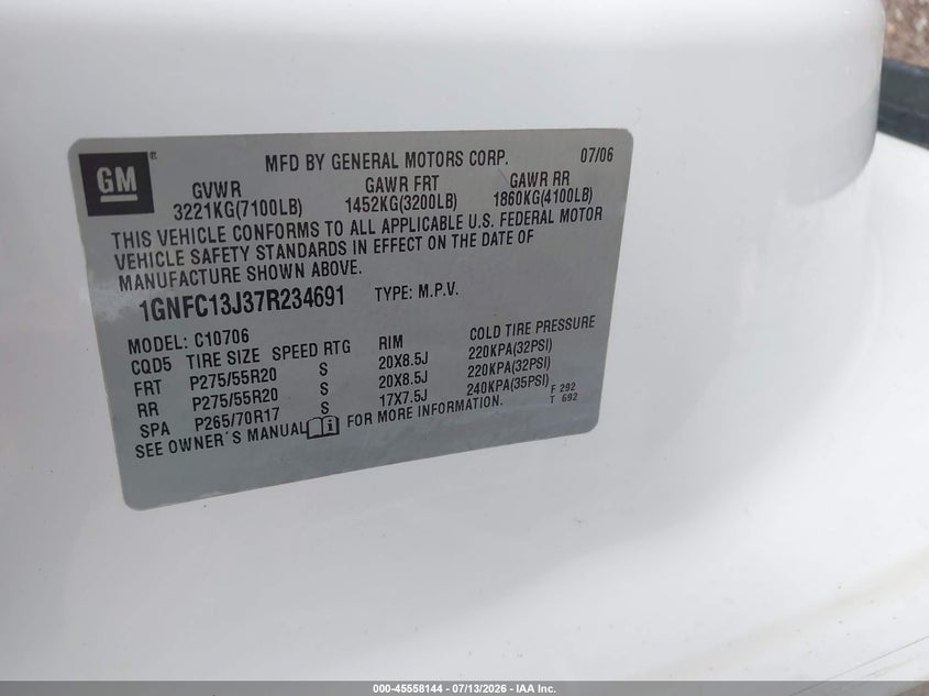 2007 Chevrolet Tahoe Lt VIN: 1GNFC13J37R234691 Lot: 45558144