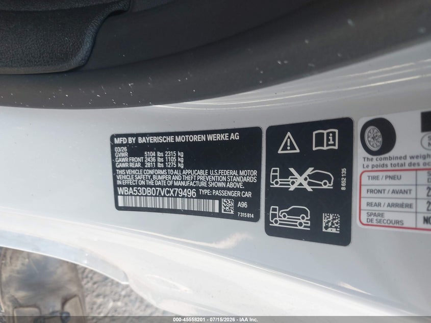 2026 BMW 430I VIN: WBA53DB07VCX79496 Lot: 45558201