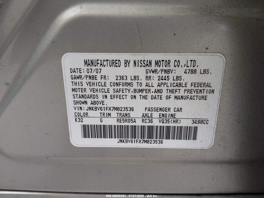 2007 Infiniti G35X VIN: JNKBV61FX7M823536 Lot: 45558263