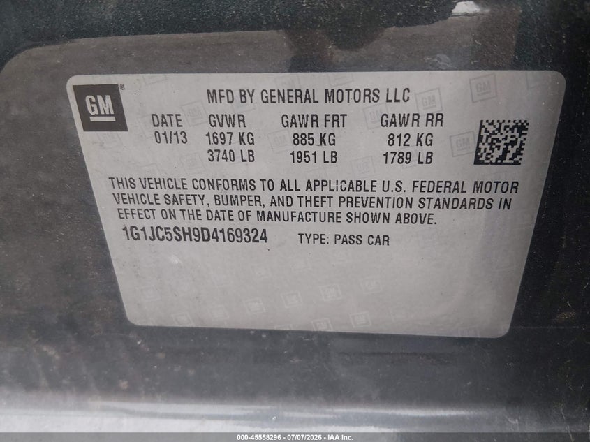 2013 Chevrolet Sonic Lt Auto VIN: 1G1JC5SH9D4169324 Lot: 45558296