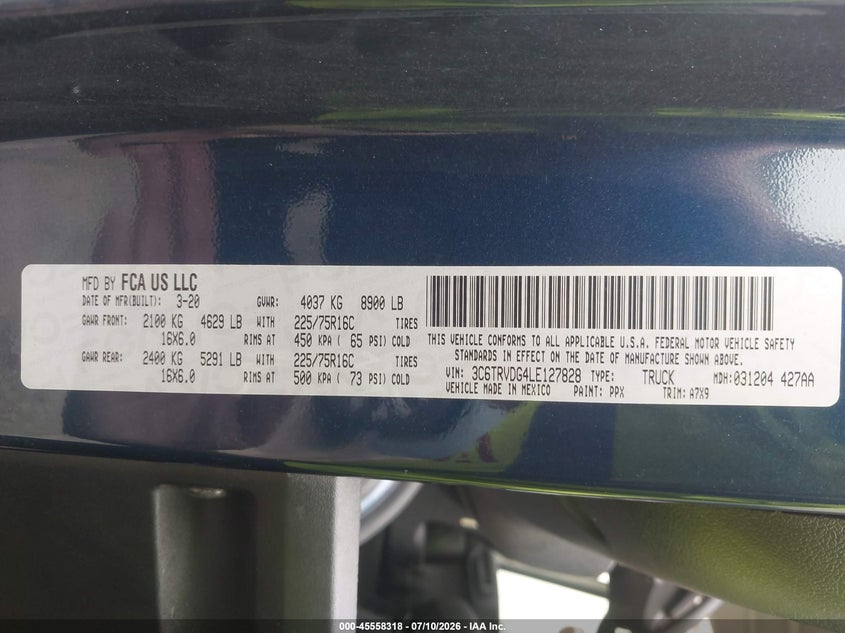2020 Ram Promaster 2500 High Roof 159 Wb VIN: 3C6TRVDG4LE127828 Lot: 45558318