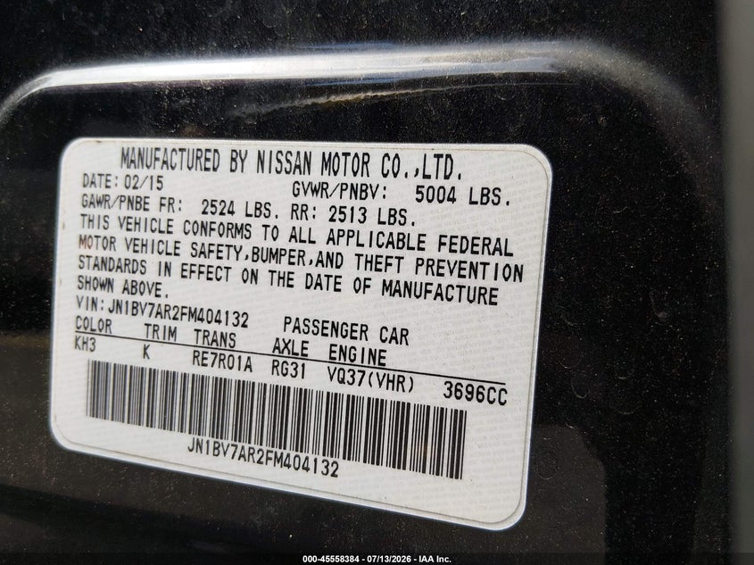 2015 Infiniti Q50 VIN: JN1BV7AR2FM404132 Lot: 45558384