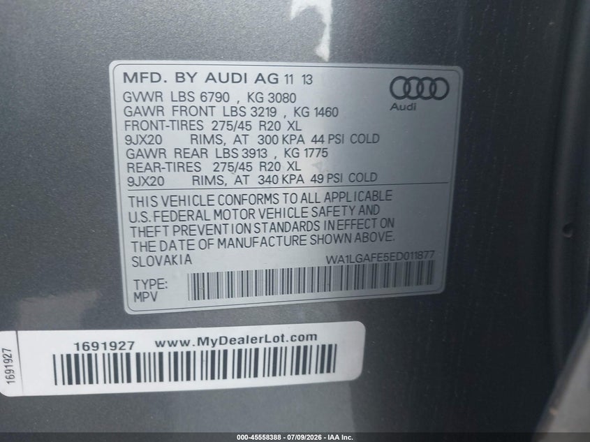 2014 Audi Q7 3.0T Premium VIN: WA1LGAFE5ED011877 Lot: 45558388