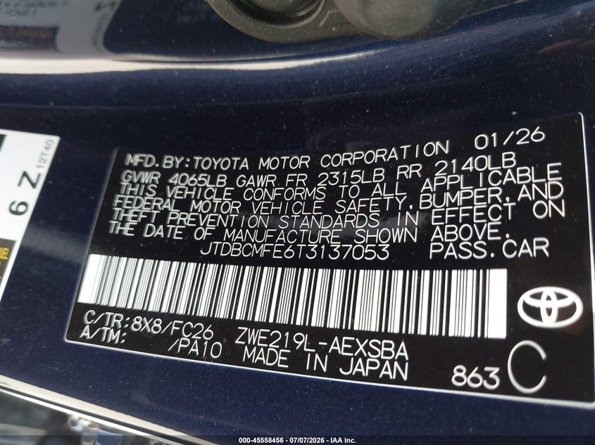 2026 Toyota Corolla Hybrid Hybrid Se VIN: JTDBCMFE6T3137053 Lot: 45558456