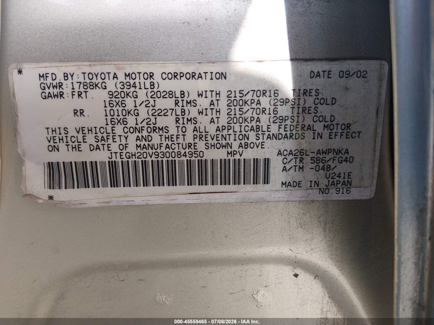 2003 Toyota Rav4 VIN: JTEGH20V930084950 Lot: 45558465