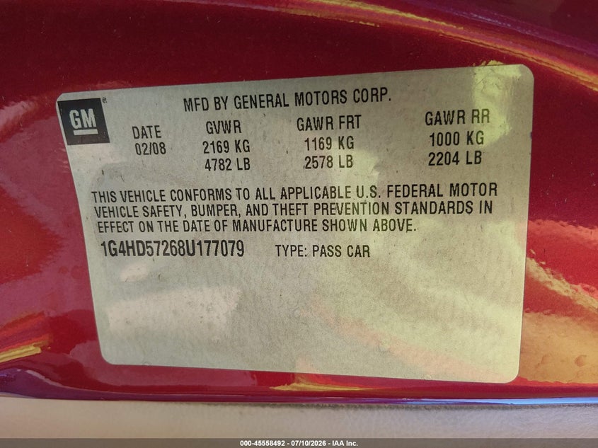 2008 Buick Lucerne Cxl VIN: 1G4HD57268U177079 Lot: 45558492