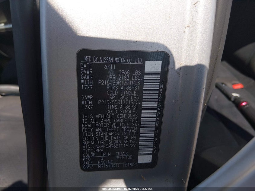 2011 Nissan Juke Sv VIN: JN8AF5MR6BT019229 Lot: 45558499