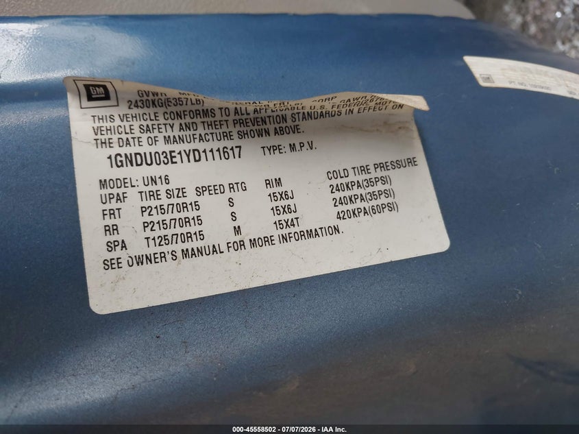 2000 Chevrolet Venture Plus VIN: 1GNDU03E1YD111617 Lot: 45558502