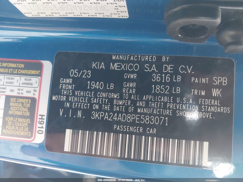 2023 Kia Rio S VIN: 3KPA24AD8PE583071 Lot: 45558506