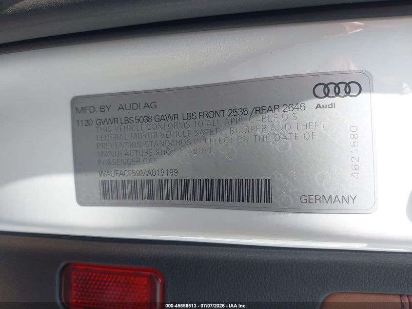 2021 Audi A5 Sportback Premium Plus 45 Tfsi Quattro S Tronic VIN: WAUFACF59MA019199 Lot: 45558513