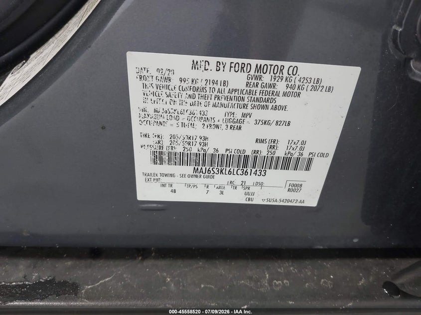 2020 Ford Ecosport Titanium VIN: MAJ6S3KL6LC361433 Lot: 45558520