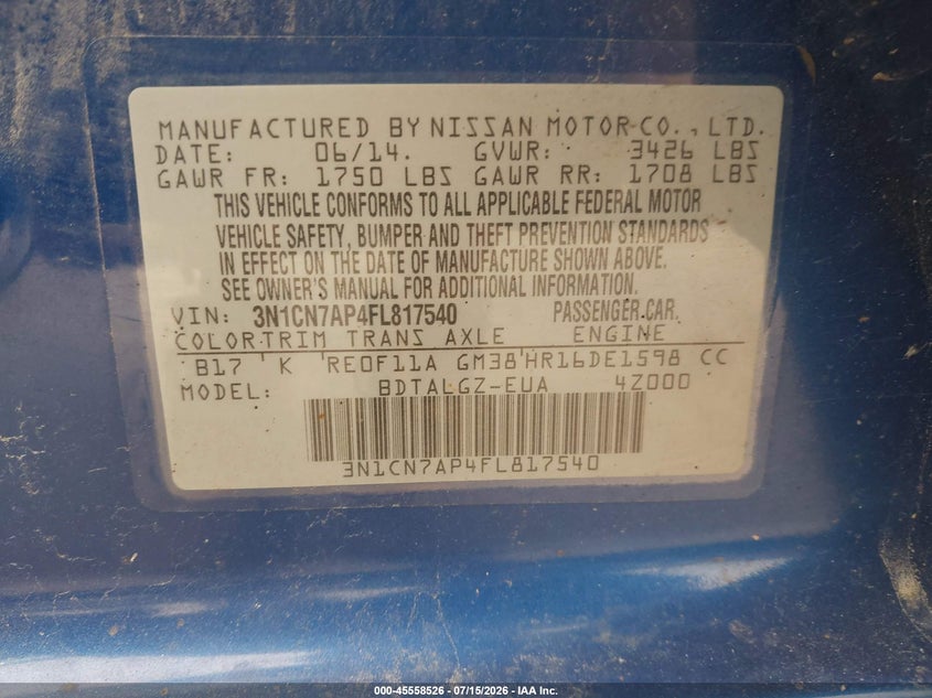 NISSAN VERSA 2015 VIN 3N1CN7AP4FL817540