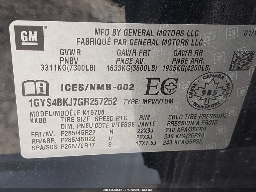 CADILLAC ESCALADE 2016 VIN 1GYS4BKJ7GR257252