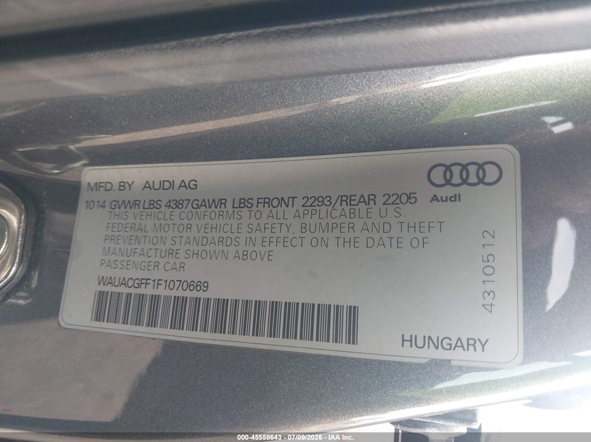 2015 Audi A3 1.8T Premium VIN: WAUACGFF1F1070669 Lot: 45558643