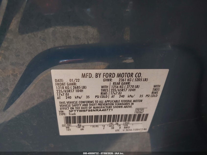 2022 Ford Maverick Lariat/Xl/Xlt VIN: 3FTTW8F98NRA40771 Lot: 45558732