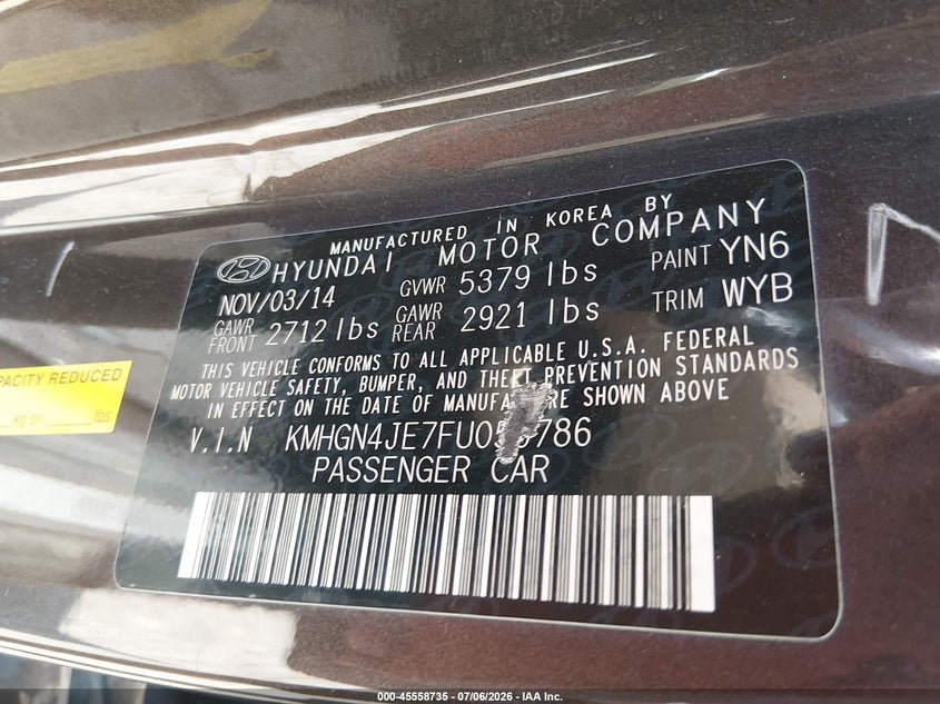 2015 Hyundai Genesis 3.8 VIN: KMHGN4JE7FU059786 Lot: 45558735
