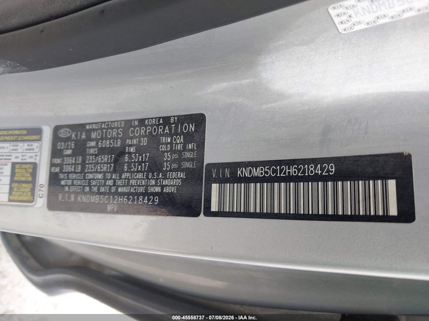 2017 Kia Sedona Lx VIN: KNDMB5C12H6218429 Lot: 45558737