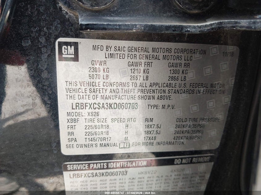 2019 Buick Envision Fwd Essence VIN: LRBFXCSA3KD060703 Lot: 45558747