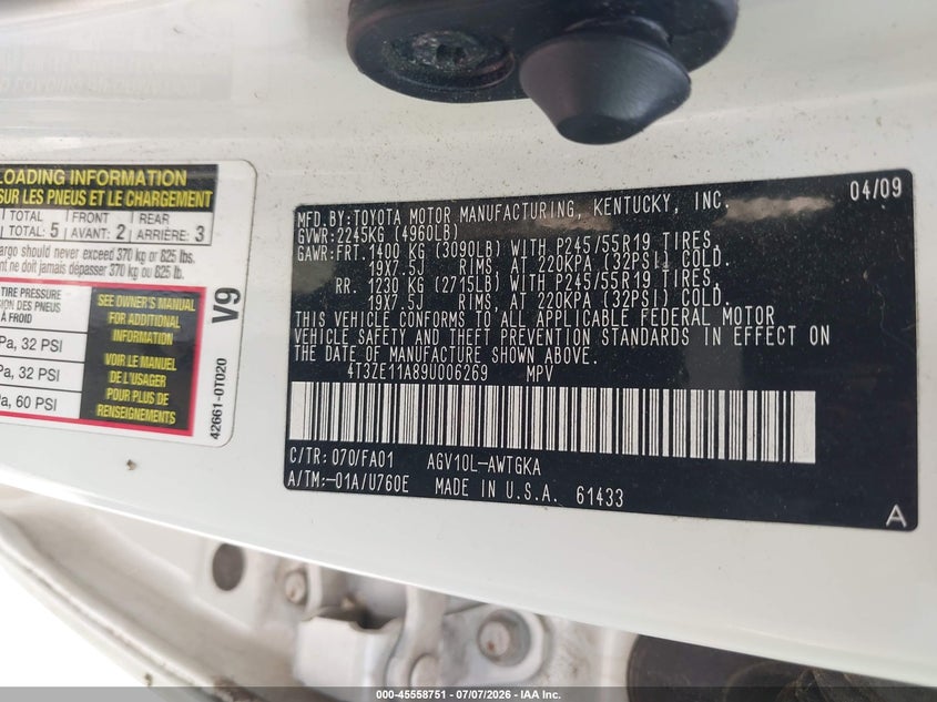 2009 Toyota Venza VIN: 4T3ZE11A89U006269 Lot: 45558751