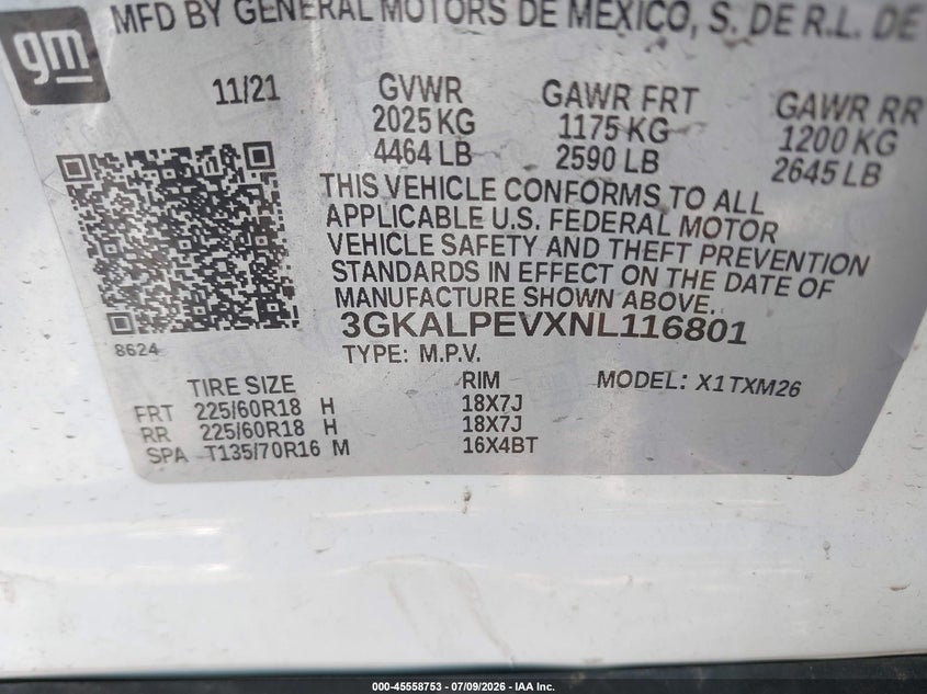 GMC TERRAIN 2022 VIN 3GKALPEVXNL116801