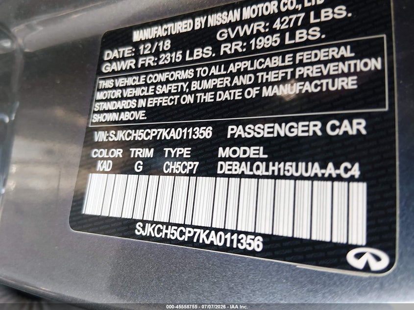 2019 Infiniti Qx30 Luxe VIN: SJKCH5CP7KA011356 Lot: 45558755