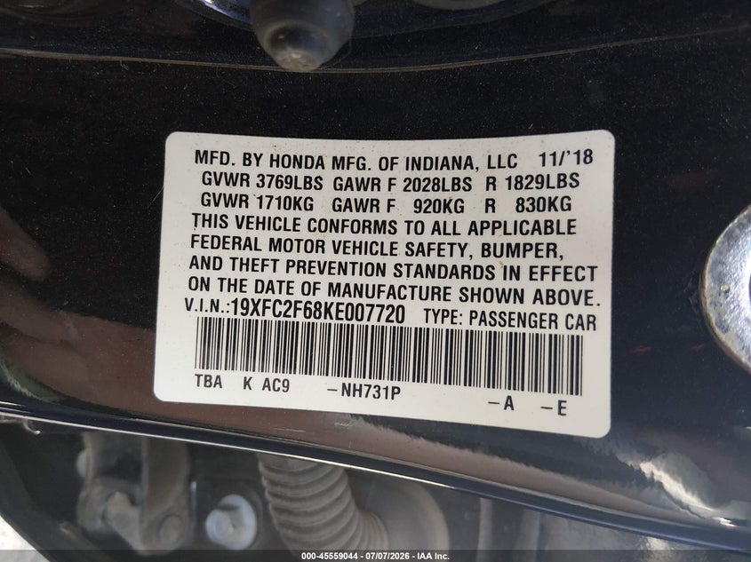 2019 HONDA CIVIC SEDAN 2.0L I-4 DOHC, VVT, 158HP