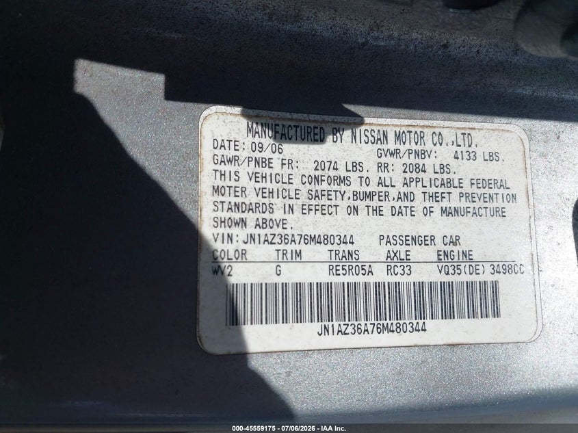2006 Nissan 350Z Touring VIN: JN1AZ36A76M480344 Lot: 45559175