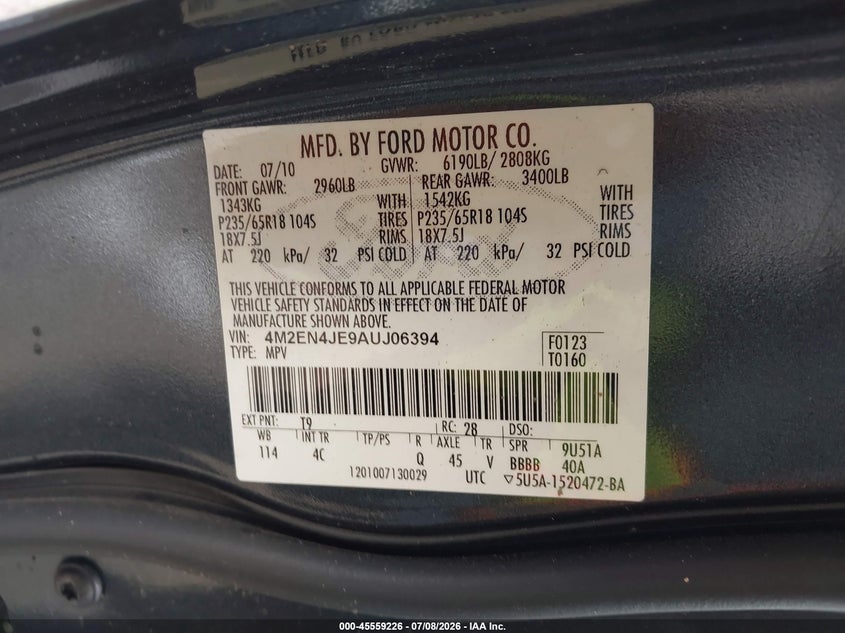 2010 Mercury Mountaineer Premier VIN: 4M2EN4JE9AUJ06394 Lot: 45559226
