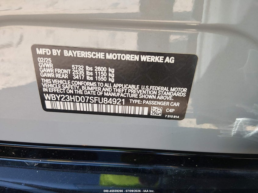 2025 BMW I4 Gran Coupe Edrive40 VIN: WBY23HD07SFU84921 Lot: 45559266