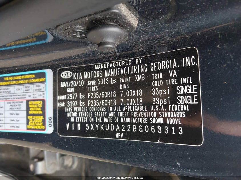 2011 Kia Sorento Ex V6 VIN: 5XYKUDA22BG063313 Lot: 45559292