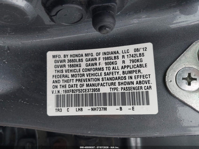 2012 HONDA CIVIC SEDAN 1.8L I-4 VVT, 140HP
