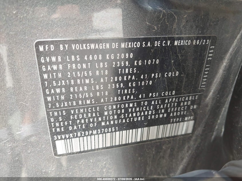 2023 Volkswagen Taos 1.5T Se VIN: 3VVVX7B29PM370851 Lot: 45559372