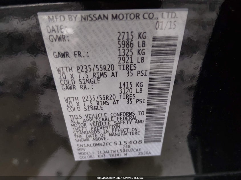 2015 Infiniti Qx60 VIN: 5N1AL0MN2FC515408 Lot: 45559392