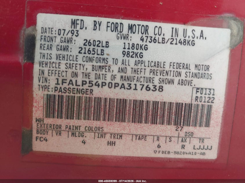 1993 Ford Taurus Sho VIN: 1FALP54P0PA317638 Lot: 45559399