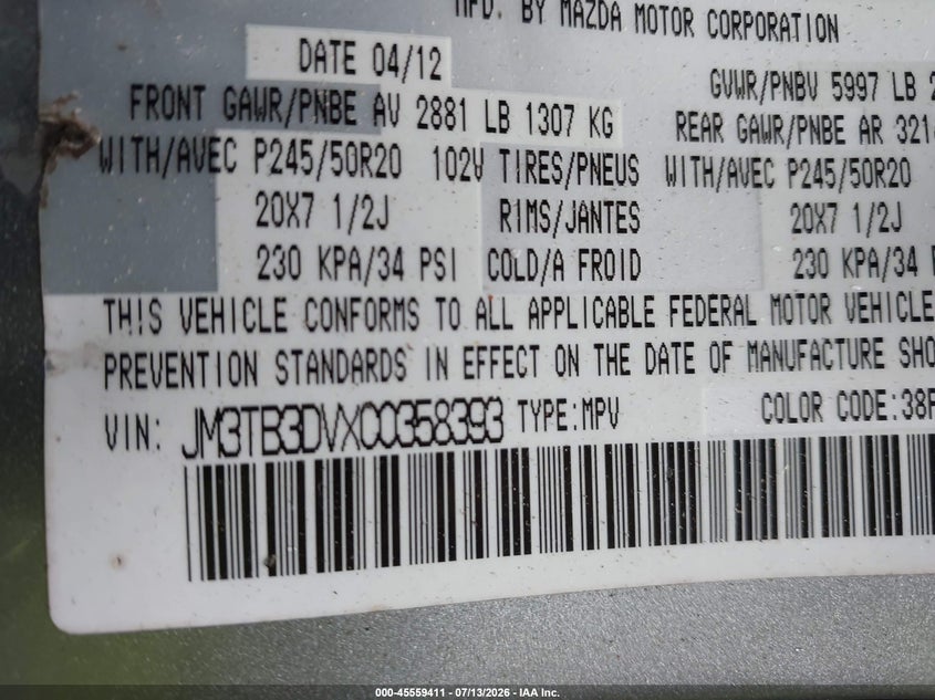 2012 Mazda Cx-9 Grand Touring VIN: JM3TB3DVXC0358393 Lot: 45559411