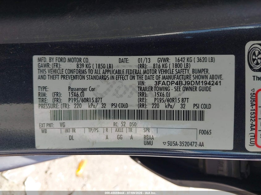 2013 Ford Fiesta Se VIN: 3FADP4BJ9DM194241 Lot: 45559444