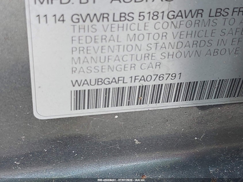 2015 Audi S4 3.0T Premium Plus VIN: WAUBGAFL1FA076791 Lot: 45559451