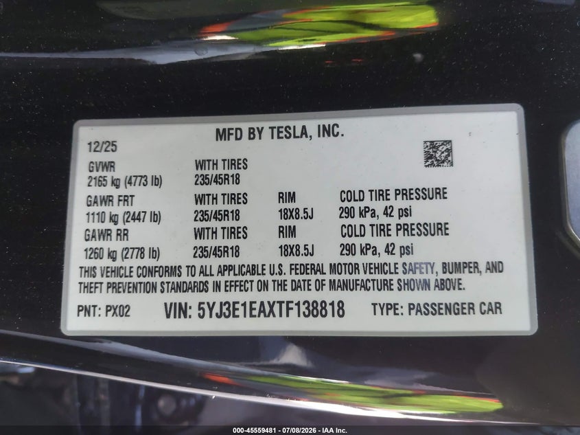 2026 Tesla Model 3 Premium Rear-Wheel Drive/Rear-Wheel Drive VIN: 5YJ3E1EAXTF138818 Lot: 45559481