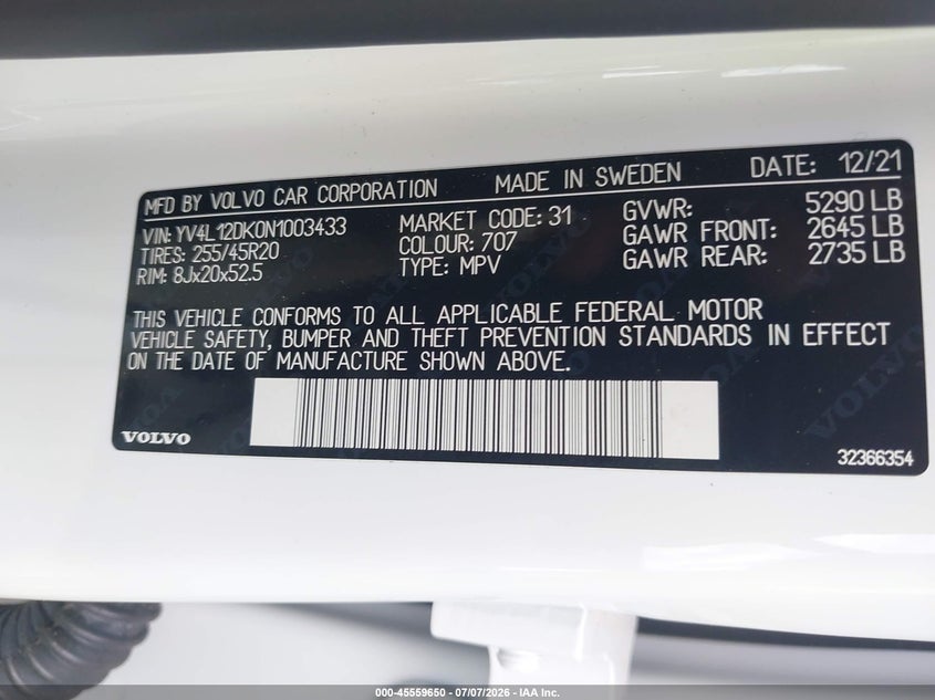 2022 Volvo Xc60 B5 Momentum VIN: YV4L12DK0N1003433 Lot: 45559650