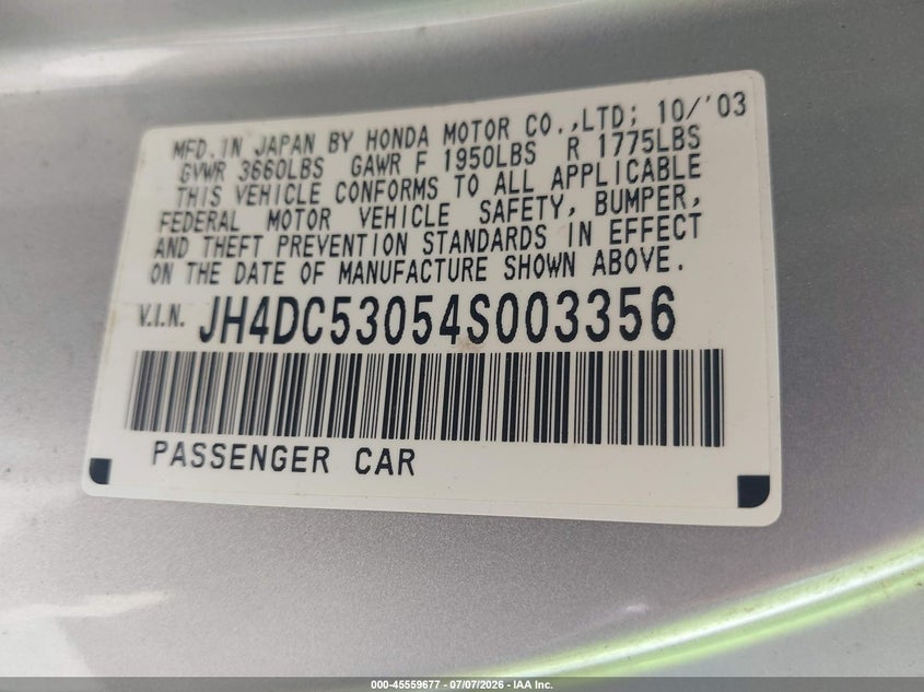 2004 Acura Rsx Type S VIN: JH4DC53054S003356 Lot: 45559677