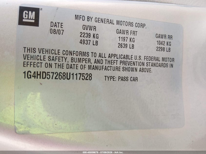 2008 Buick Lucerne Cxl VIN: 1G4HD57268U117528 Lot: 45559679