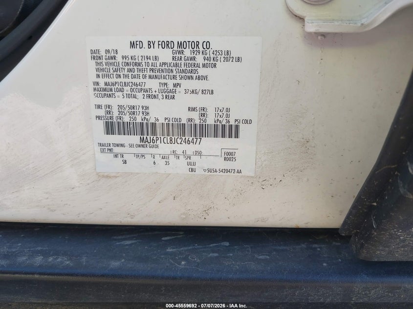 2018 Ford Ecosport Ses VIN: MAJ6P1CL8JC246477 Lot: 45559692