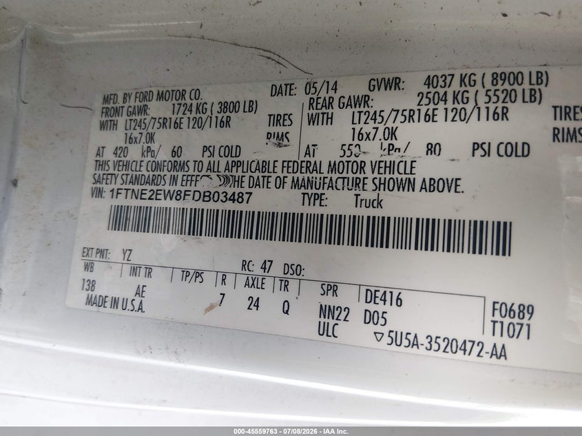 2014 Ford E-250 Commercial/Recreational VIN: 1FTNE2EW8EDB03487 Lot: 45559763