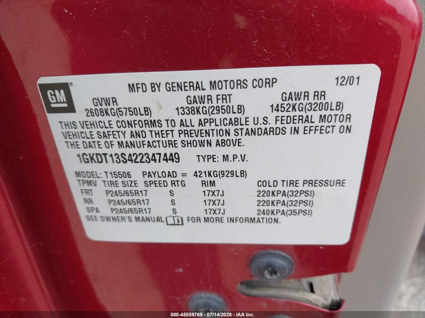 2002 GMC Envoy Slt VIN: 1GKDT13S422347449 Lot: 45559768