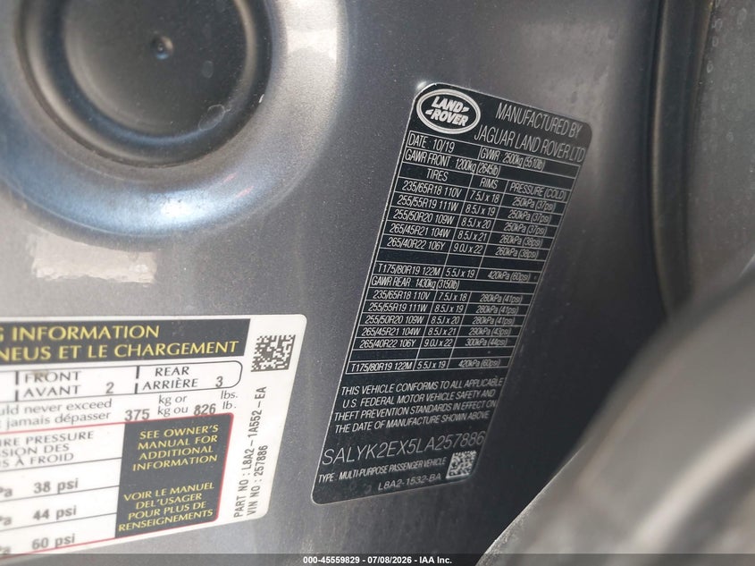 2020 Land Rover Range Rover Velar P250 R-Dynamic S VIN: SALYK2EX5LA257886 Lot: 45559829