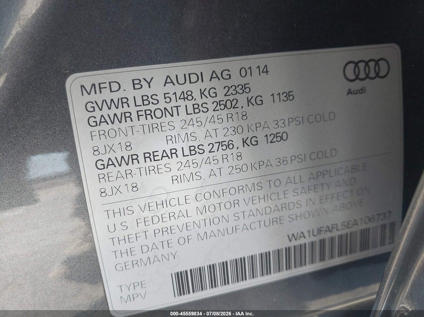 2014 Audi Allroad 2.0T Premium VIN: WA1UFAFL5EA106737 Lot: 45559834