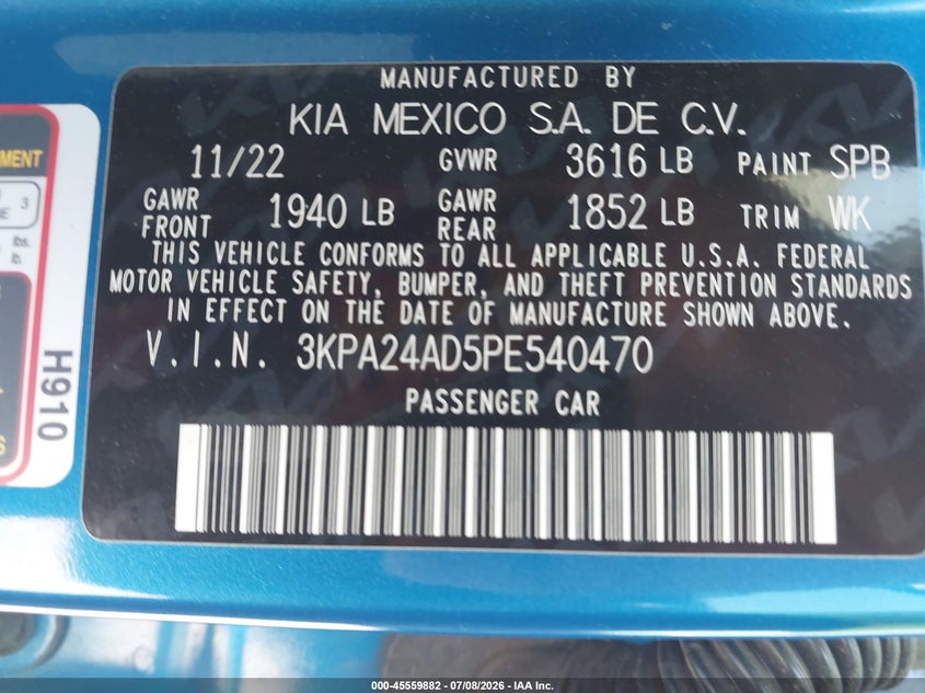 2023 Kia Rio S VIN: 3KPA24AD5PE540470 Lot: 45559882