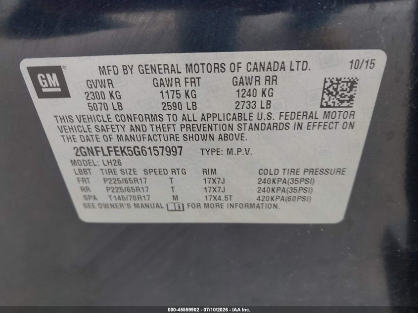 2016 CHEVROLET EQUINOX SPORT UTILITY VEHICLE 2.4L I-4 DI, DOHC, VVT, 182HP