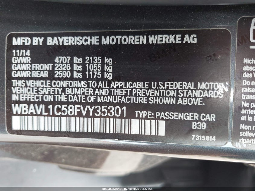 2015 BMW X1 xDrive28I VIN: WBAVL1C58FVY35301 Lot: 45559919